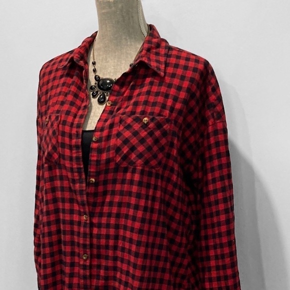 Forever21 Red Black Buffalo Plaid Long Sleeve Flannel Shirt Size Large Oversized - Picture 3 of 14